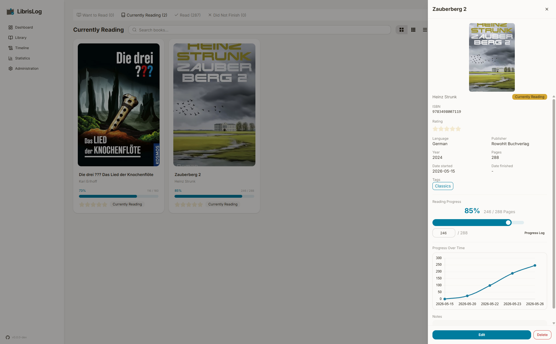 Progress slider and percentage in the book detail view